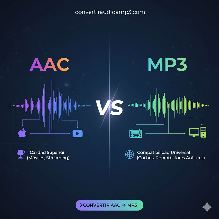 Visual comparison of AAC (better efficiency for mobile/streaming) vs MP3 (universal compatibility for cars and older players), with a button to convert AAC to MP3.