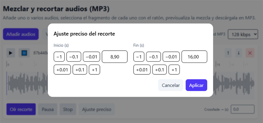 Ventana de ajuste preciso para definir inicio y fin con botones ± y teclado