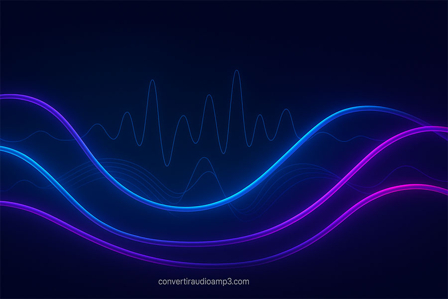 All about digital audio: formats, bitrate, and MP3 conversion Dark tech background with cables and digital audio waves