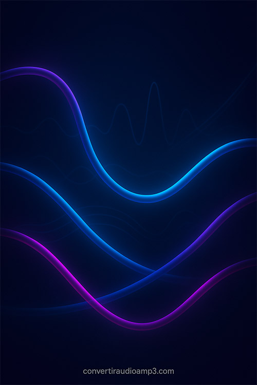 All about digital audio: formats, bitrate, and MP3 conversion Dark tech background with cables and digital audio waves