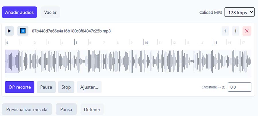 Mezclador: forma de onda con una selección de recorte