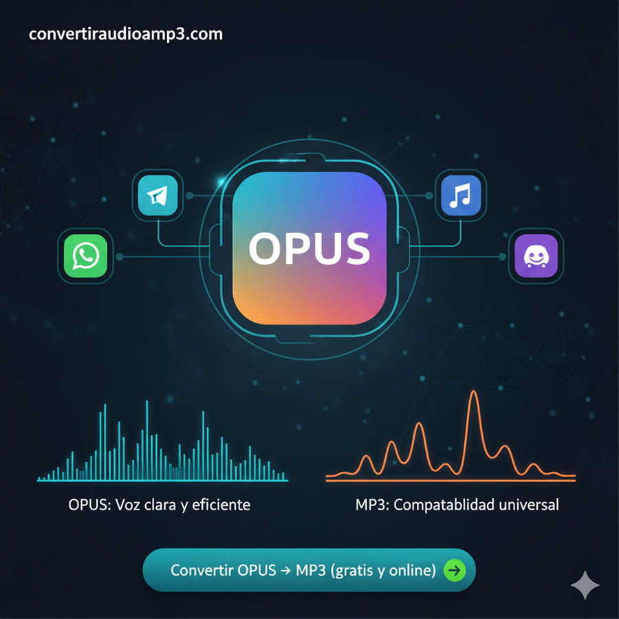 Representación visual del formato de audio OPUS y su uso en WhatsApp, Telegram y Discord, comparando su eficiencia con la compatibilidad universal del MP3. Clic para ir al convertidor.