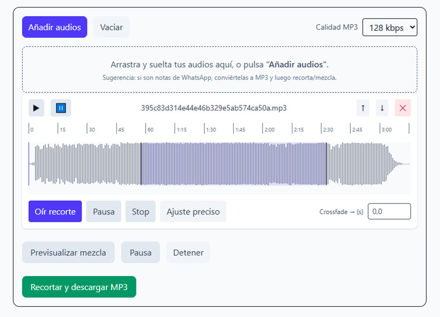 Herramienta online para recortar audio con selección de inicio y fin