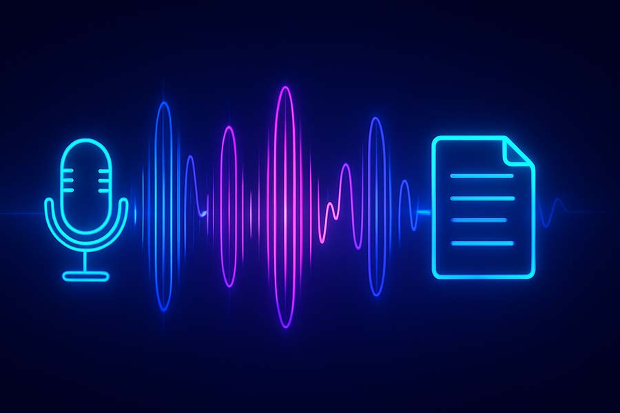 Banner horizontal con fondo oscuro y ondas sonoras con tonos púrpura y azul; se ven íconos de micrófono y documento que representan la transcripción de notas de voz, sin texto